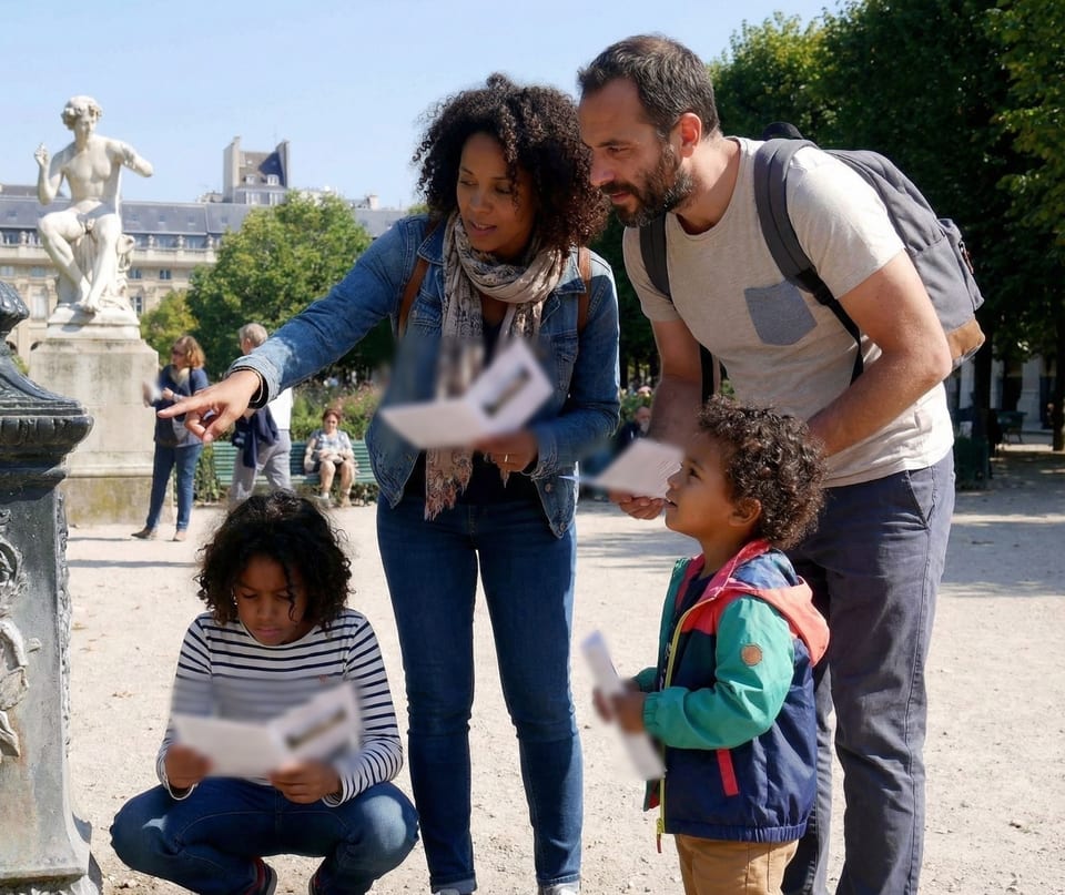 Une famille et ses deux enfants relèvent le défi dans le jardin du Palais-Royal