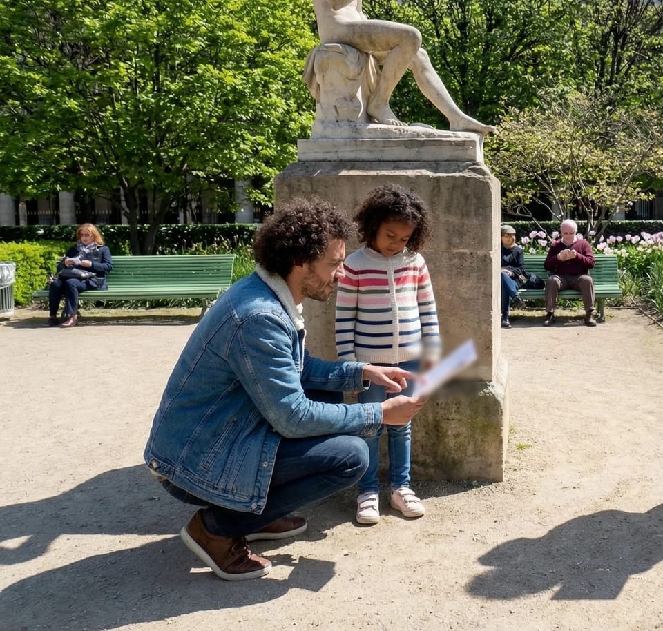 Un père et sa fille déchiffrent un indice au pied d'une statue du Palais-Royal